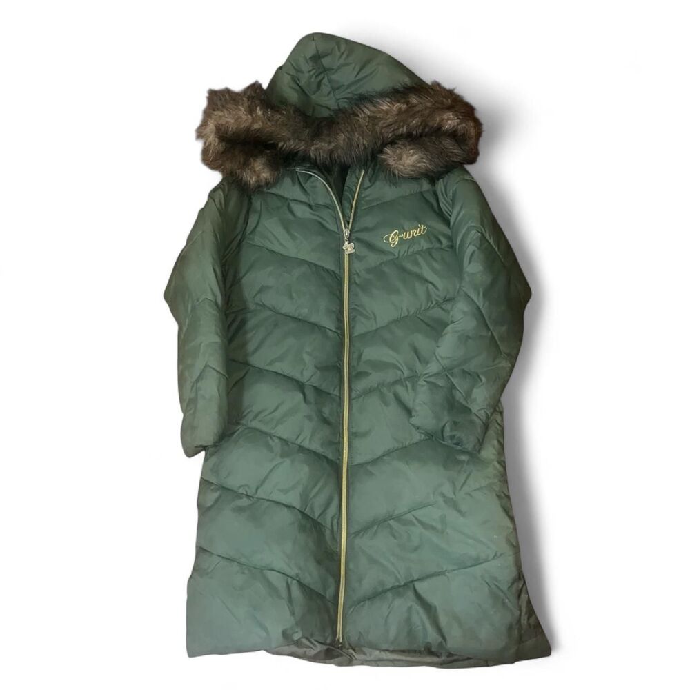 G-unit Kids Youth Girls' Dark Olive Green Faux Fur Puffer Jacket SZ S Flaw